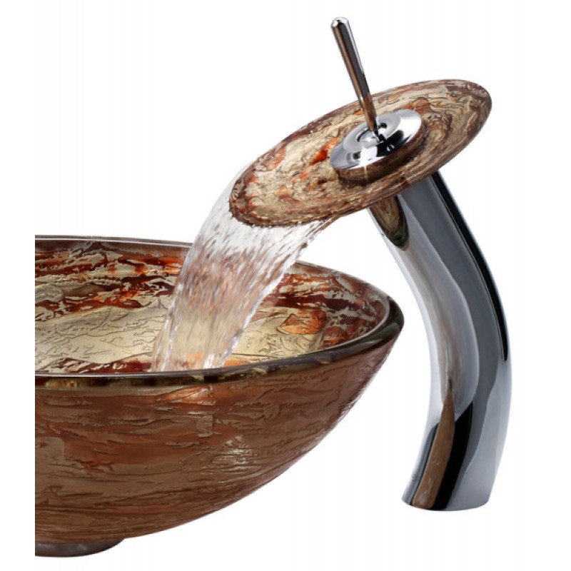 KRAUS Ares Glass Vessel Sink in Gold with Single Hole Single-Handle Waterfall Faucet in Chrome