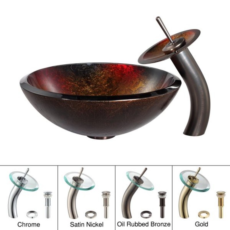 KRAUS Mercury Glass Vessel Sink in Red/Gold with Waterfall Faucet in Oil Rubbed Bronze