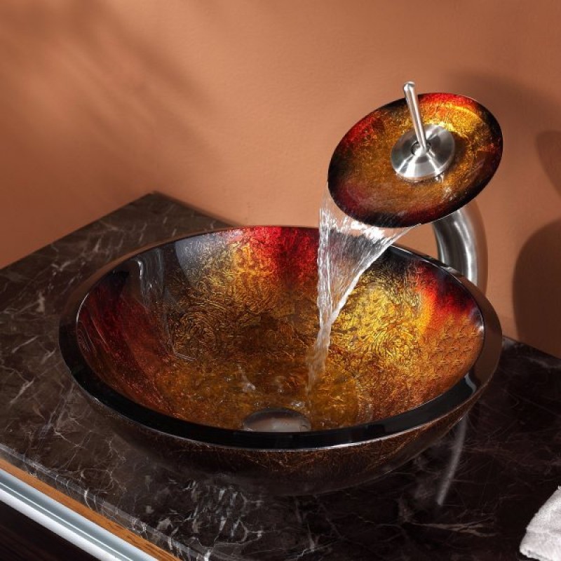 KRAUS Mercury Glass Vessel Sink in Red/Gold with Waterfall Faucet in Satin Nickel