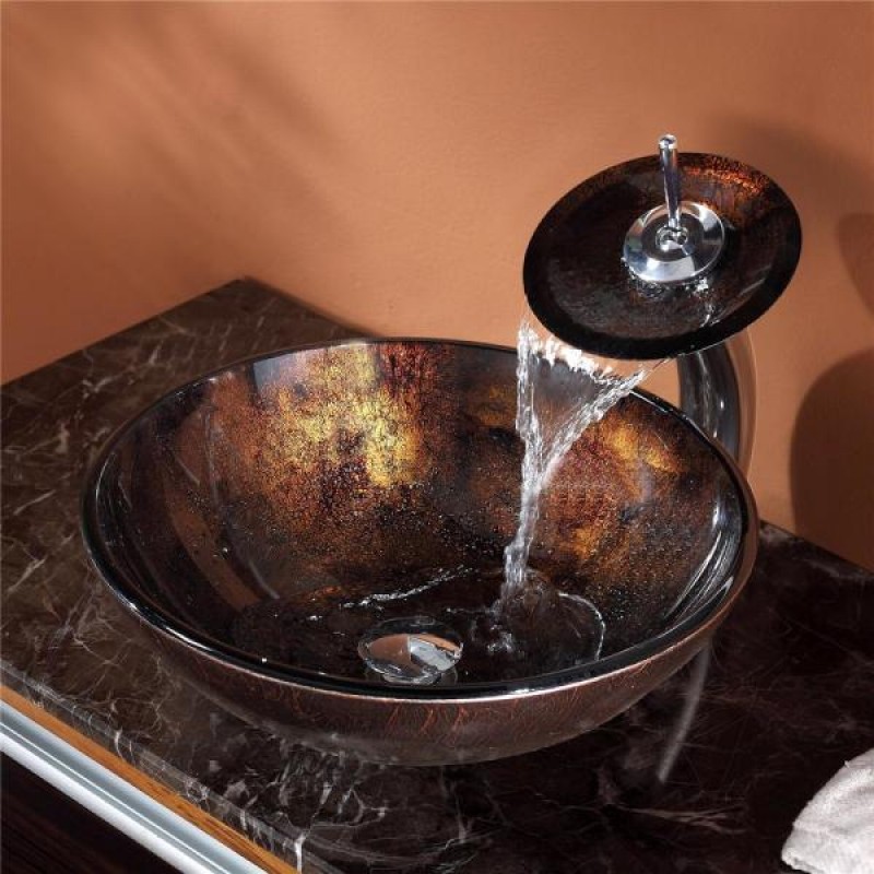 KRAUS Pluto Glass Vessel Sink in Brown with Waterfall Faucet in Chrome