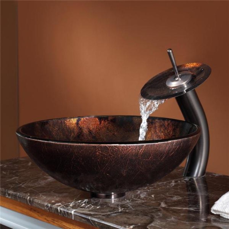 KRAUS Pluto Glass Vessel Sink in Brown with Waterfall Faucet in Oil Rubbed Bronze