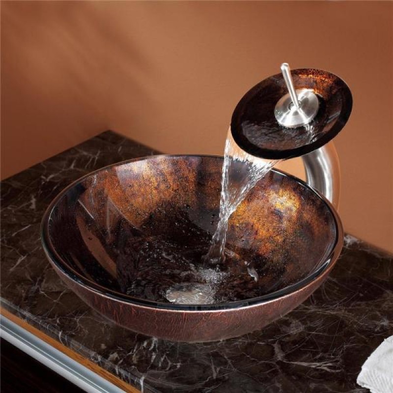 KRAUS Pluto Glass Vessel Sink in Brown with Waterfall Faucet in Satin Nickel