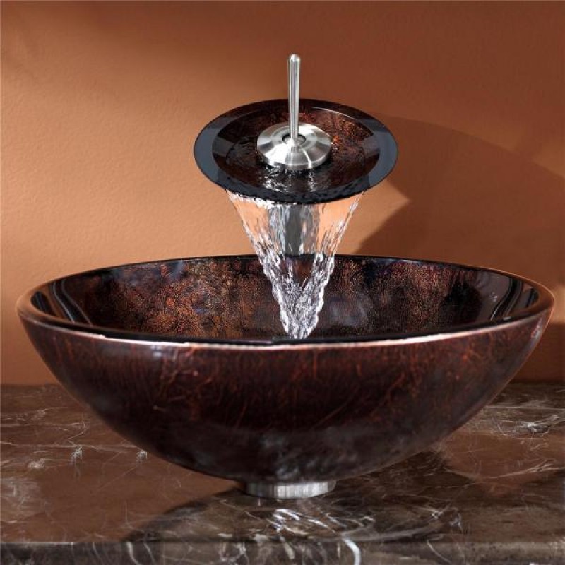KRAUS Pluto Glass Vessel Sink in Brown with Waterfall Faucet in Satin Nickel