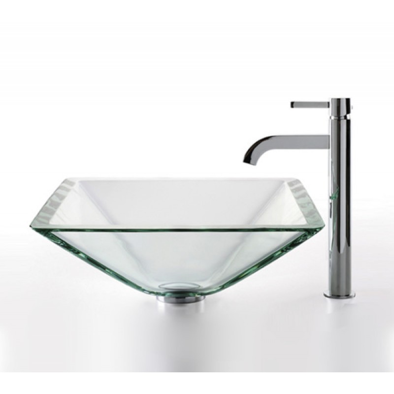 KRAUS Square Glass Vessel Sink in Clear with Ramus Faucet in Chrome