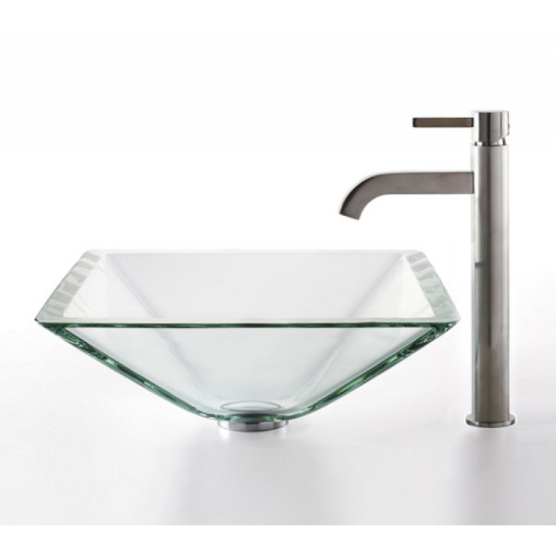 KRAUS Square Glass Vessel Sink in Clear with Ramus Faucet in Satin Nickel