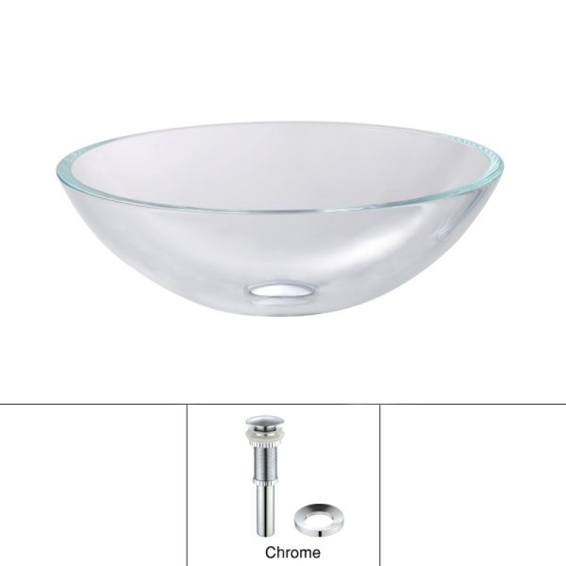 KRAUS Glass Vessel Sink in Crystal Clear with Pop-Up Drain and Mounting Ring in Chrome