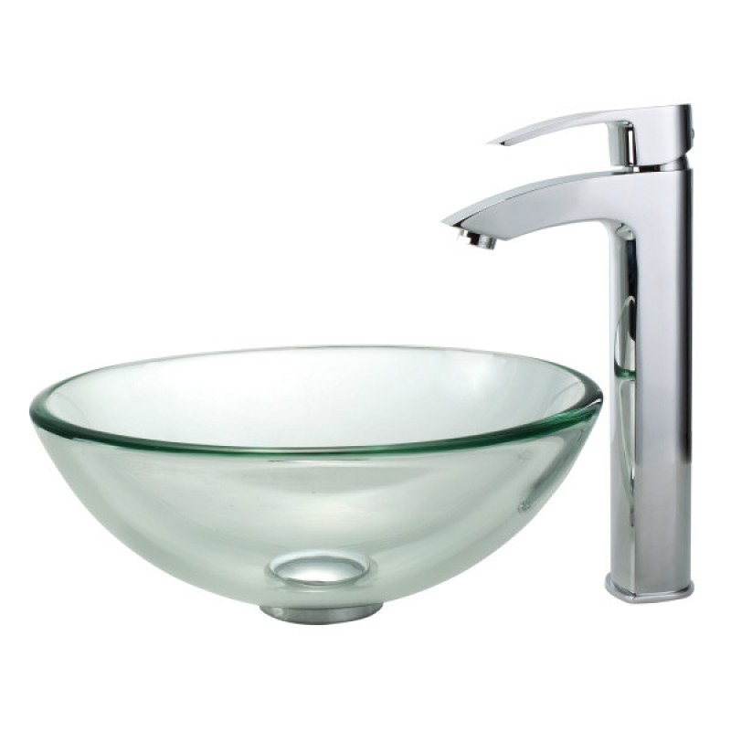 KRAUS 14 Inch Glass Vessel Sink in Clear with Pop-Up Drain and Mounting Ring in Satin Nickel