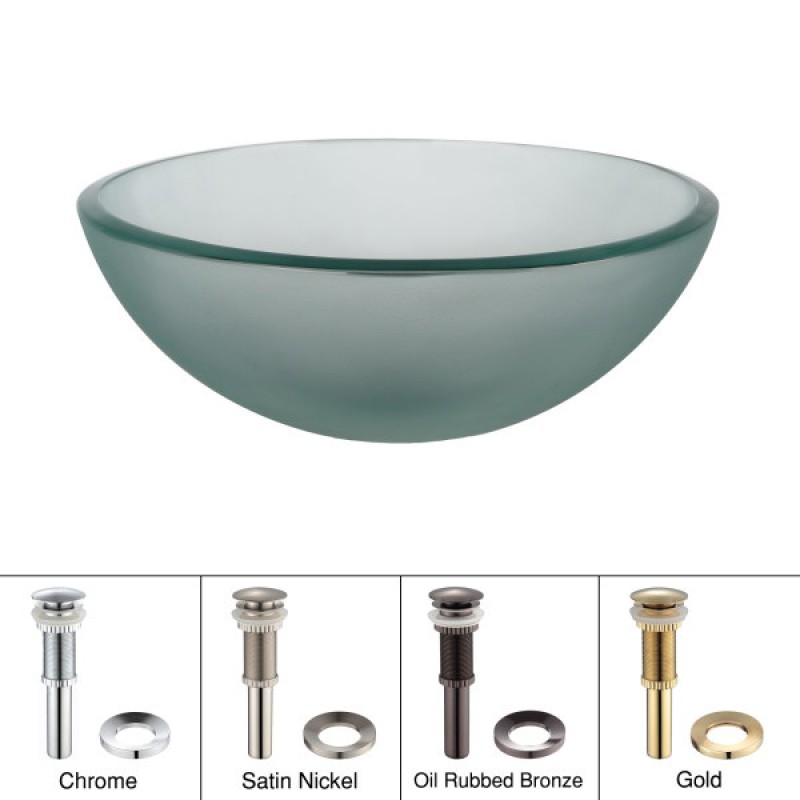 KRAUS 14 Inch Glass Vessel Sink in Frosted with Pop-Up Drain and Mounting Ring in Chrome