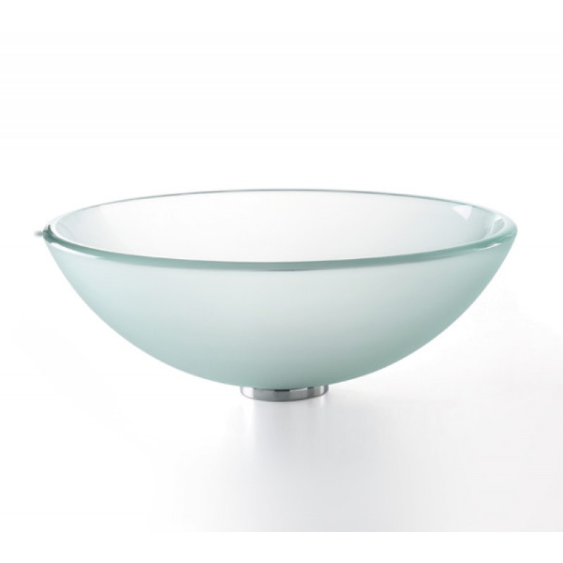KRAUS 14 Inch Glass Vessel Sink in Frosted with Pop-Up Drain and Mounting Ring in Satin Nickel
