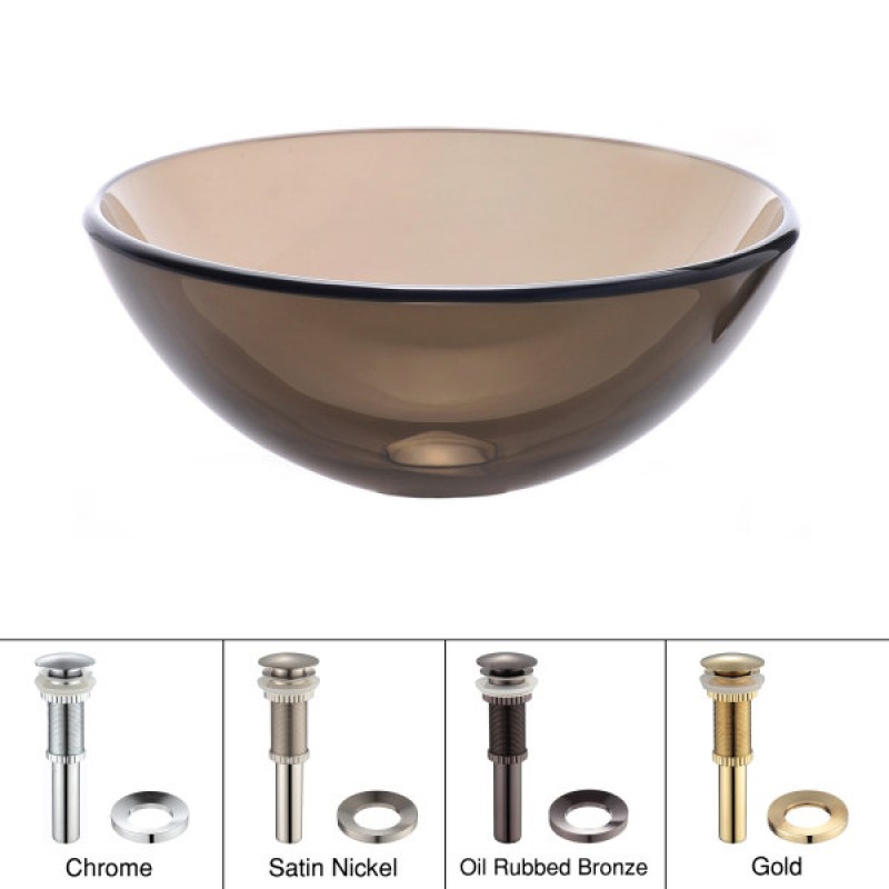 KRAUS 14 Inch Glass Vessel Sink in Clear Brown with Pop-Up Drain and Mounting Ring in Oil Rubbed Bronze