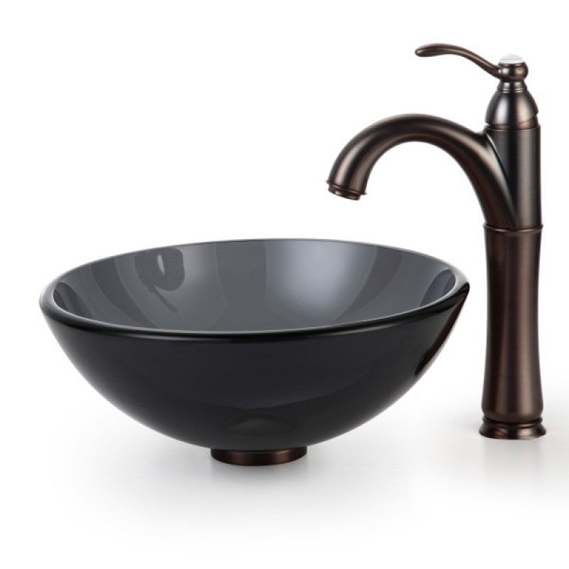 KRAUS 14 Inch Glass Vessel Sink in Clear Black with Pop-Up Drain and Mounting Ring in Satin Nickel