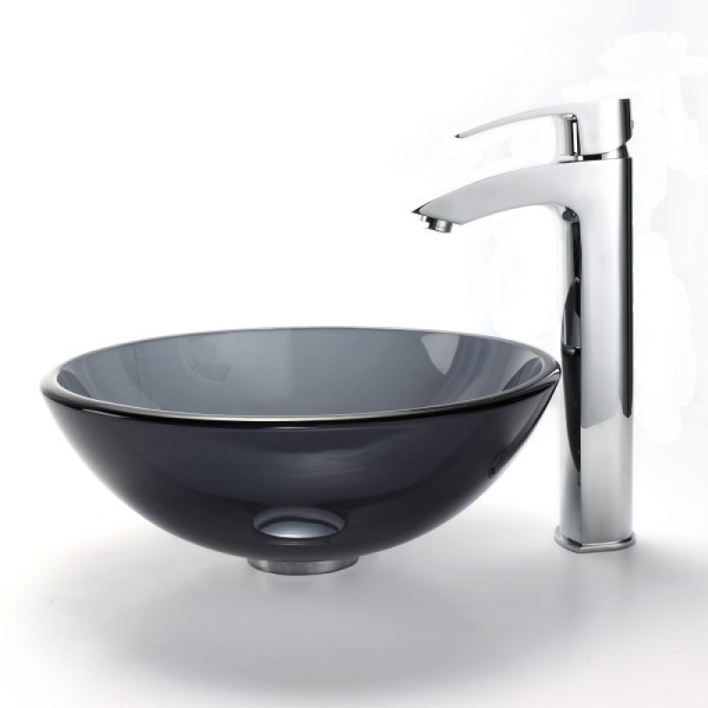 KRAUS 14 Inch Glass Vessel Sink in Clear Black with Pop-Up Drain and Mounting Ring in Satin Nickel