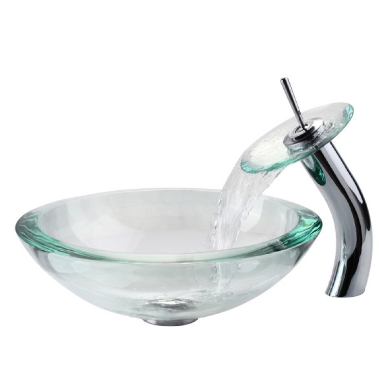 KRAUS 34 mm Thick Glass Vessel Sink in Clear with Pop-Up Drain and Mounting Ring in Satin Nickel