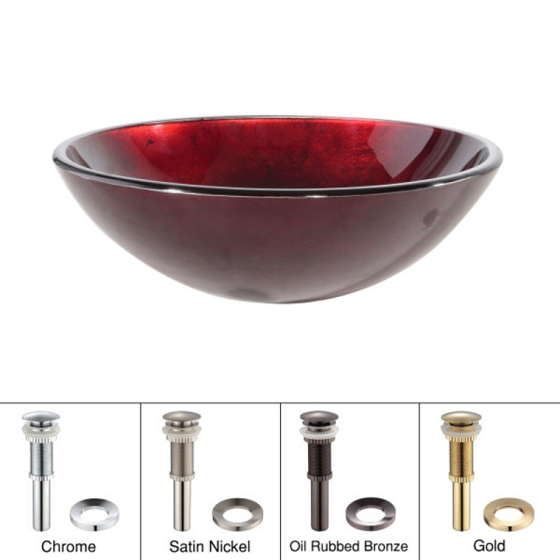 KRAUS Irruption Glass Vessel Sink in Red with Pop-Up Drain and Mounting Ring in Chrome