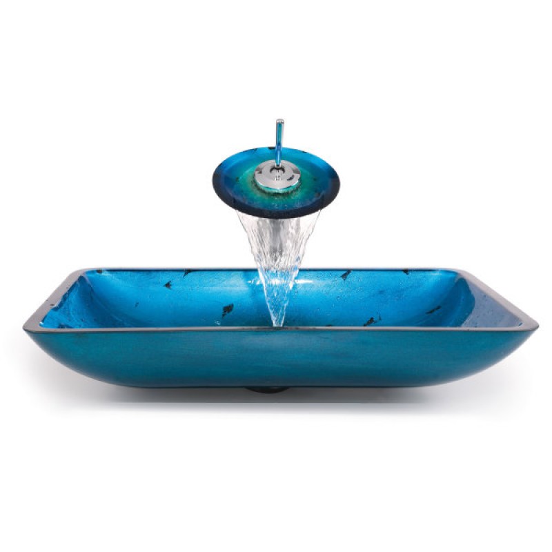 KRAUS Irruption Rectangular Glass Vessel Sink in Blue with Pop-Up Drain in Satin Nickel