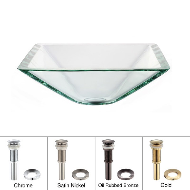 KRAUS Square Glass Vessel Sink in Clear with Pop-Up Drain and Mounting Ring in Chrome