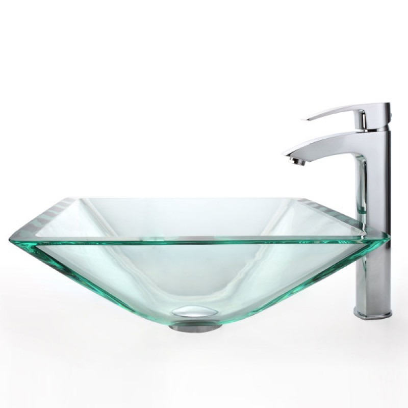 KRAUS Square Glass Vessel Sink in Clear with Pop-Up Drain and Mounting Ring in Satin Nickel