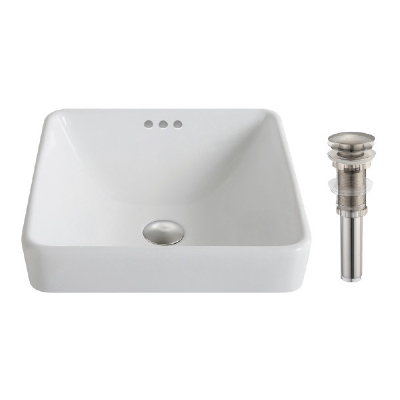 Elavo™ Series Square Ceramic Semi-Recessed Bathroom Sink in White with Overflow and Pop-Up Drain in Brushed Nickel