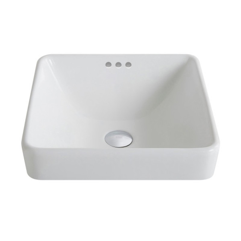 Elavo™ Series Square Ceramic Semi-Recessed Bathroom Sink in White with Overflow and Pop-Up Drain in Brushed Nickel