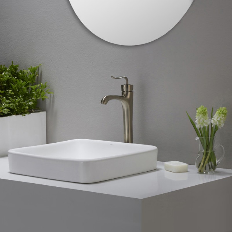 KRAUS Elavo™ Series Square Ceramic Semi-Recessed Bathroom Sink in White with Overflow and Pop-Up Drain in Brushed Nickel