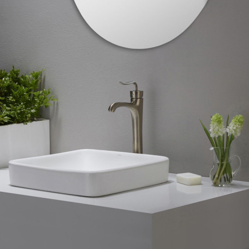 Elavo™ Series Square Ceramic Semi-Recessed Bathroom Sink in White with Overflow and Pop-Up Drain in Brushed Nickel