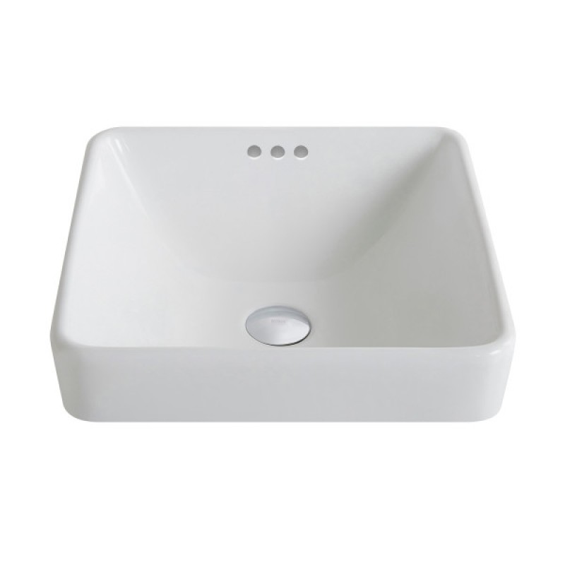 KRAUS Elavo™ Series Square Ceramic Semi-Recessed Bathroom Sink in White with Overflow and Pop-Up Drain in Chrome