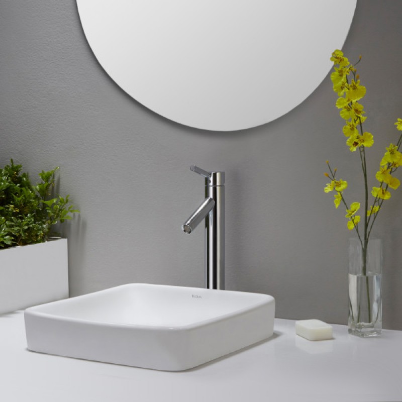 KRAUS Elavo™ Series Square Ceramic Semi-Recessed Bathroom Sink in White with Overflow and Pop-Up Drain in Chrome