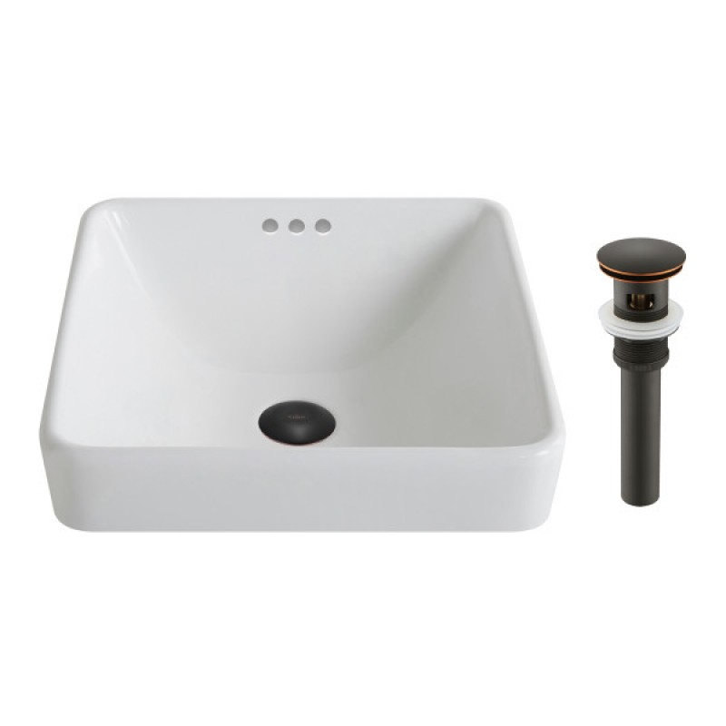KRAUS Elavo™ Series Square Ceramic Semi-Recessed Bathroom Sink in White with Overflow and Pop-Up Drain in Oil Rubbed Bronze