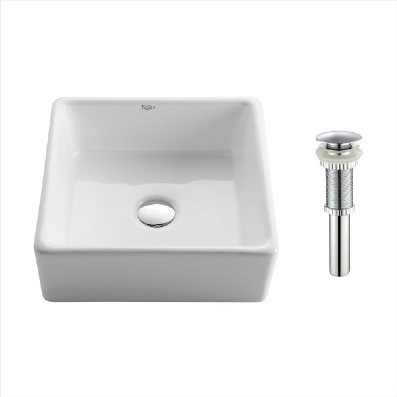 KRAUS Square Ceramic Vessel Bathroom Sink in White with Pop-Up Drain in Chrome