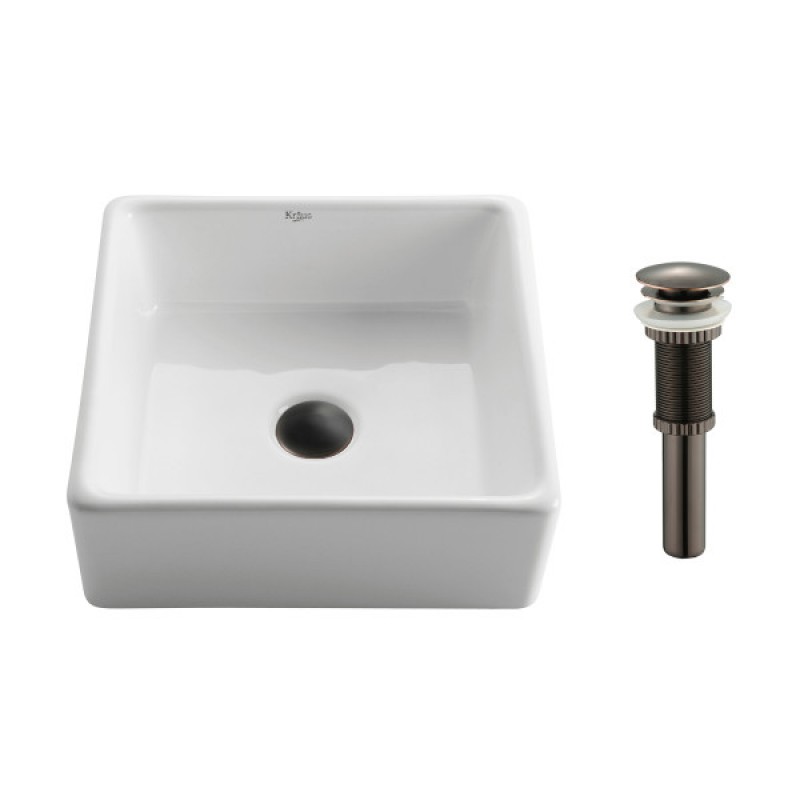 KRAUS Square Ceramic Vessel Bathroom Sink in White with Pop-Up Drain in Oil Rubbed Bronze