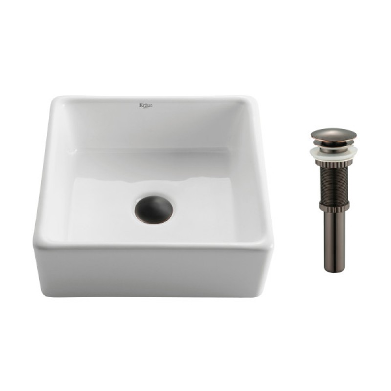 Square Ceramic Vessel Bathroom Sink in White with Pop-Up Drain in Oil Rubbed Bronze