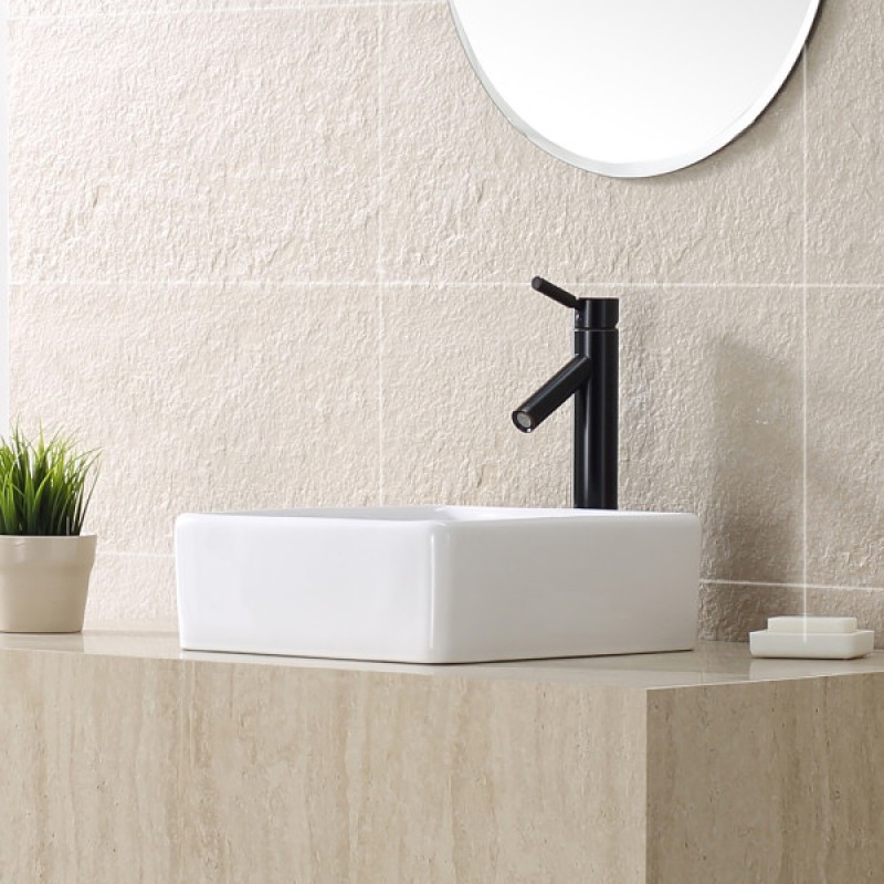KRAUS Square Ceramic Vessel Bathroom Sink in White with Pop-Up Drain in Oil Rubbed Bronze