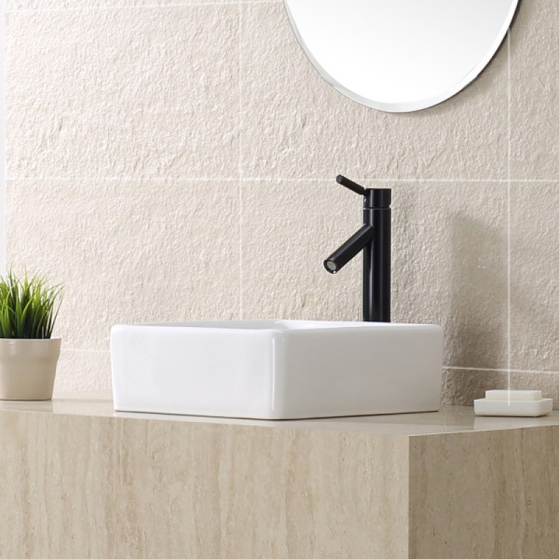 Square Ceramic Vessel Bathroom Sink in White with Pop-Up Drain in Oil Rubbed Bronze