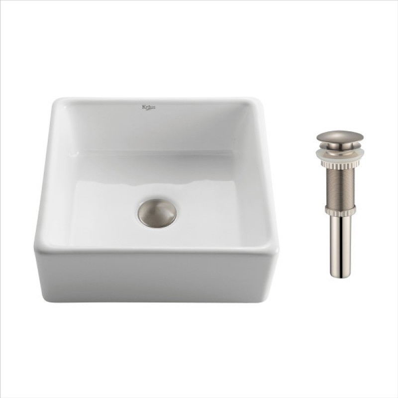 KRAUS Square Ceramic Vessel Bathroom Sink in White with Pop-Up Drain in Satin Nickel