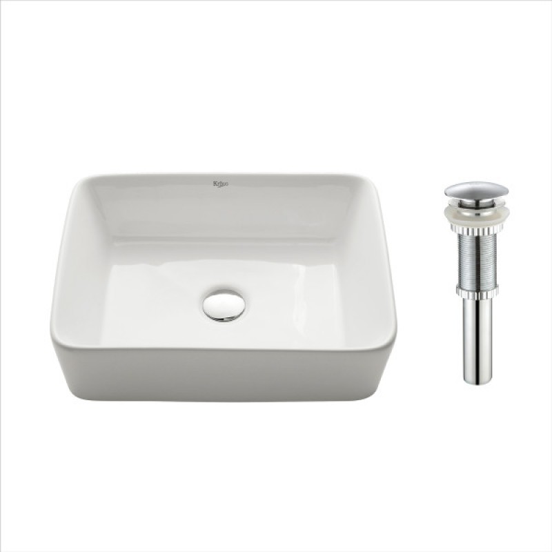Rectangular Ceramic Vessel Bathroom Sink in White with Pop-Up Drain in Chrome