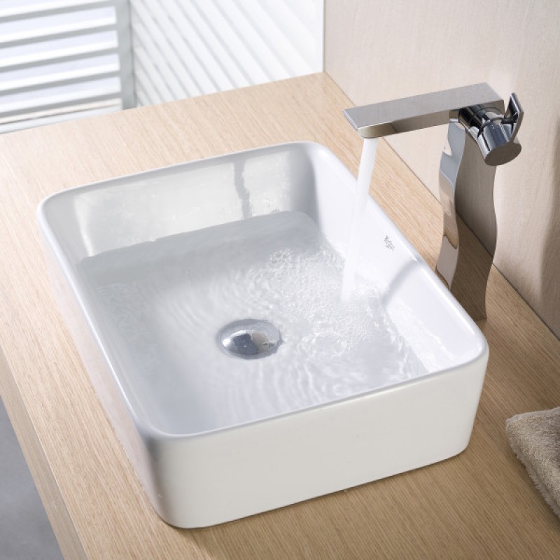 Rectangular Ceramic Vessel Bathroom Sink in White with Pop-Up Drain in Chrome