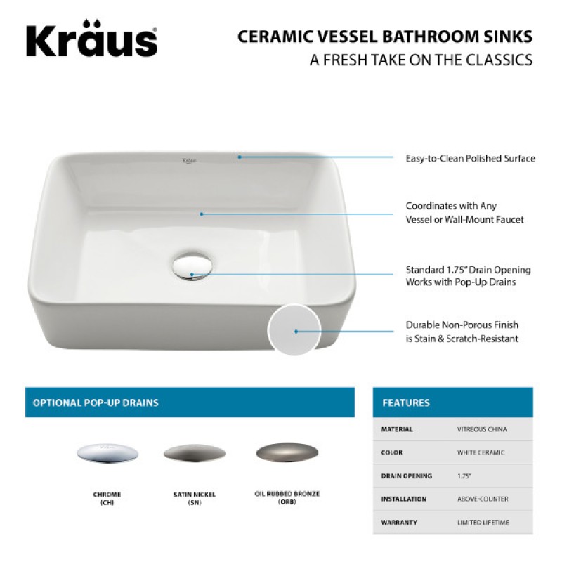 KRAUS Rectangular Ceramic Vessel Bathroom Sink in White with Pop-Up Drain in Satin Nickel