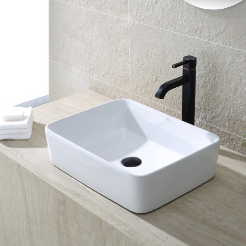 KRAUS Rectangular Ceramic Vessel Bathroom Sink in White with Pop-Up Drain in Oil Rubbed Bronze