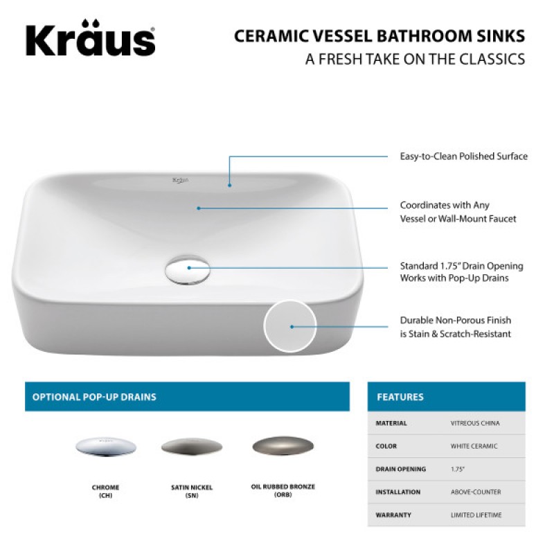 KRAUS Soft Rectangular Ceramic Vessel Bathroom Sink in White with Pop-Up Drain in Oil Rubbed Bronze