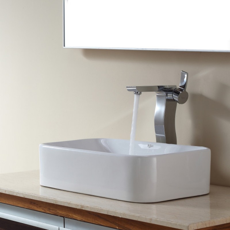 KRAUS Soft Rectangular Ceramic Vessel Bathroom Sink in White with Pop-Up Drain in Chrome