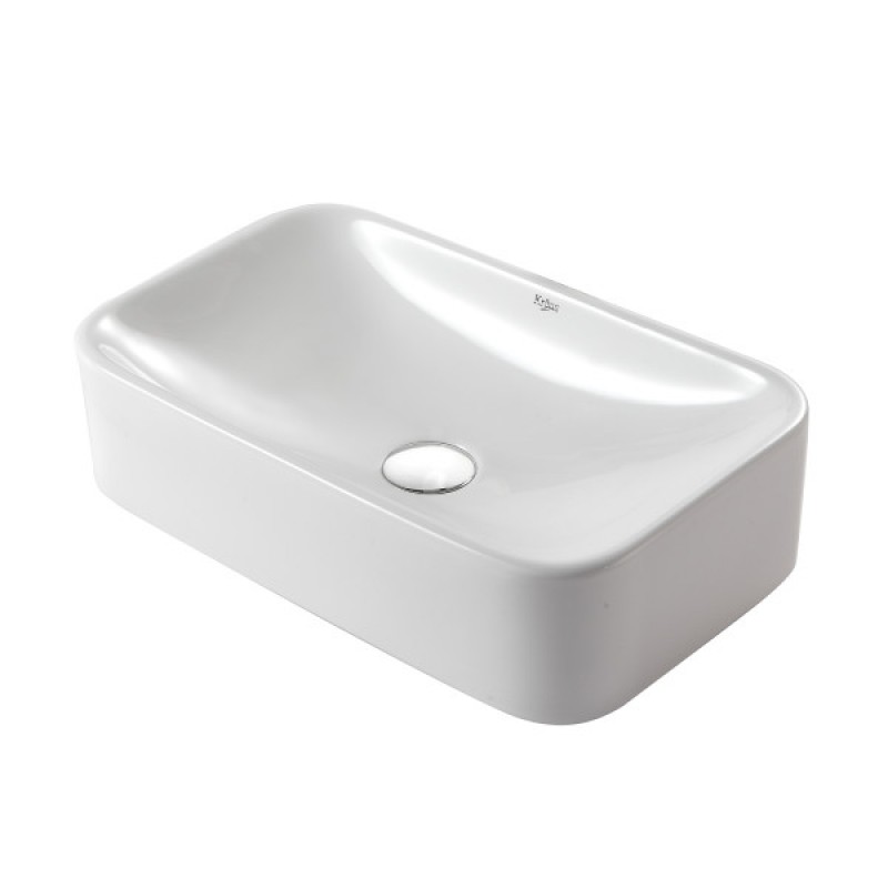 KRAUS Soft Rectangular Ceramic Vessel Bathroom Sink in White with Pop-Up Drain in Chrome