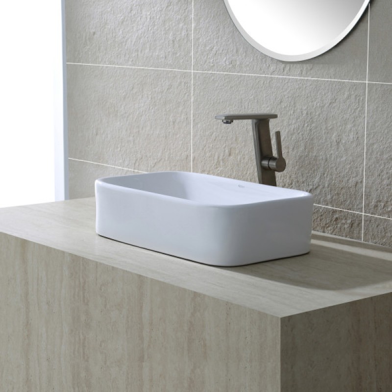Soft Rectangular Ceramic Vessel Bathroom Sink in White with Pop-Up Drain in Satin Nickel