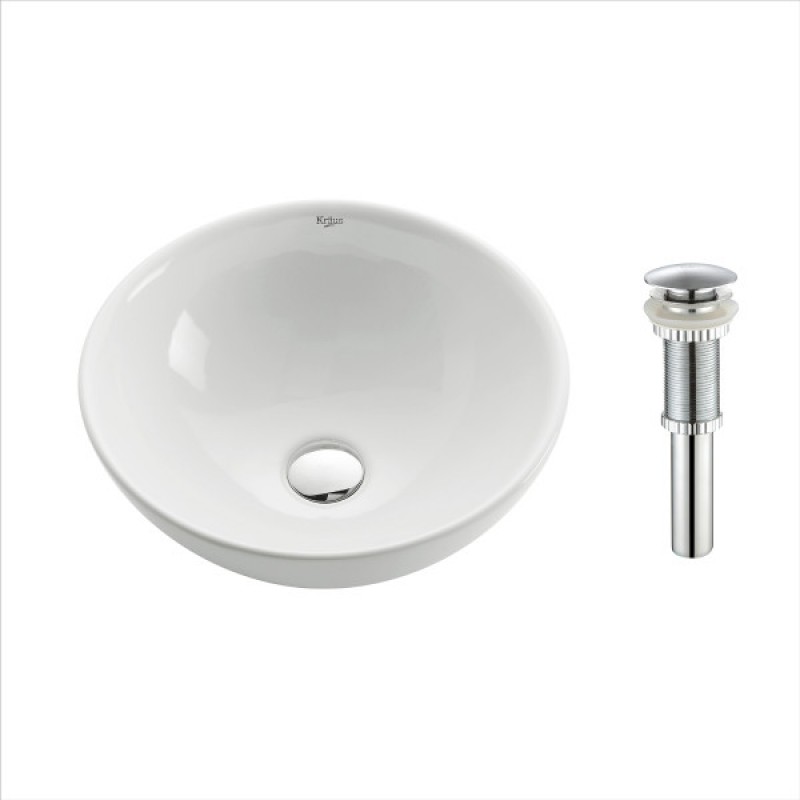 Soft Round Ceramic Vessel Bathroom Sink in White with Pop-Up Drain in Chrome