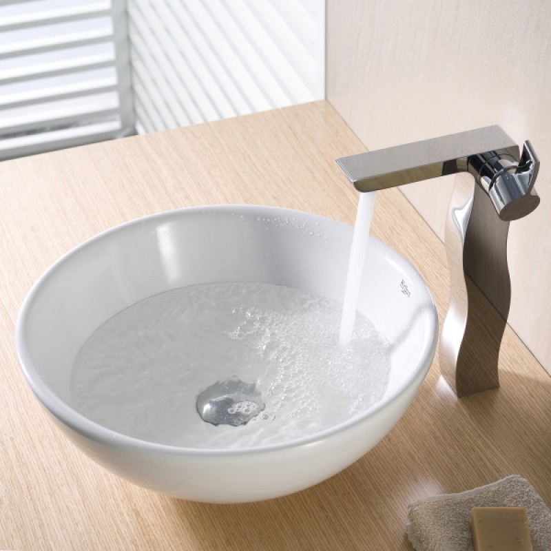 KRAUS Soft Round Ceramic Vessel Bathroom Sink in White with Pop-Up Drain in Chrome