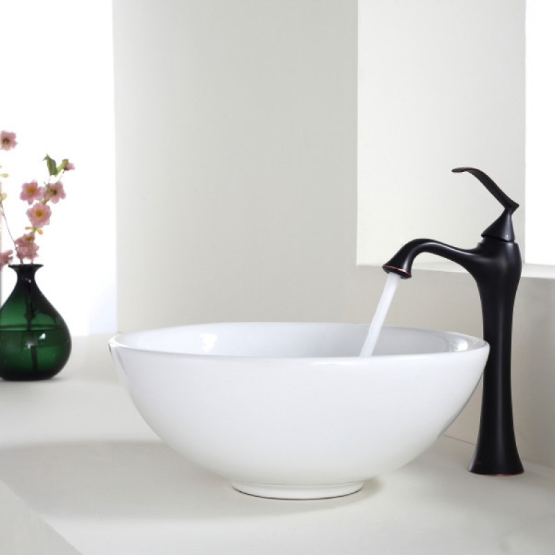 KRAUS Soft Round Ceramic Vessel Bathroom Sink in White with Pop-Up Drain in Oil Rubbed Bronze