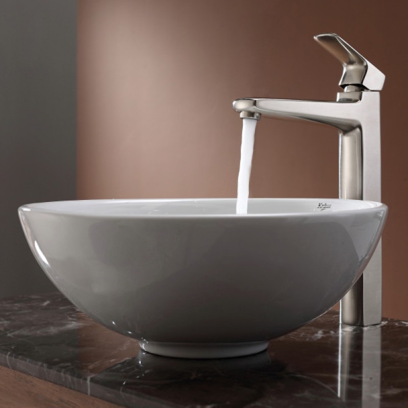 KRAUS Soft Round Ceramic Vessel Bathroom Sink in White with Pop-Up Drain in Satin Nickel