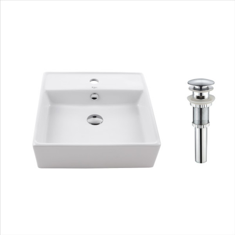 KRAUS Square Ceramic Vessel Bathroom Sink with Overflow in White and Pop-Up Drain in Chrome