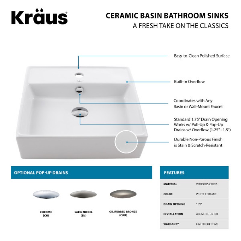KRAUS Square Ceramic Vessel Bathroom Sink with Overflow in White and Pop-Up Drain in Satin Nickel