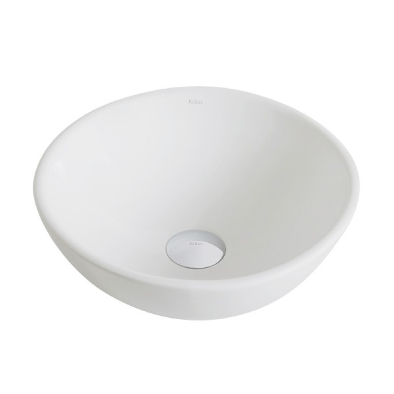 KRAUS Elavo™ Small Round Ceramic Vessel Bathroom Sink in White with Pop-Up Drain in Brushed Nickel