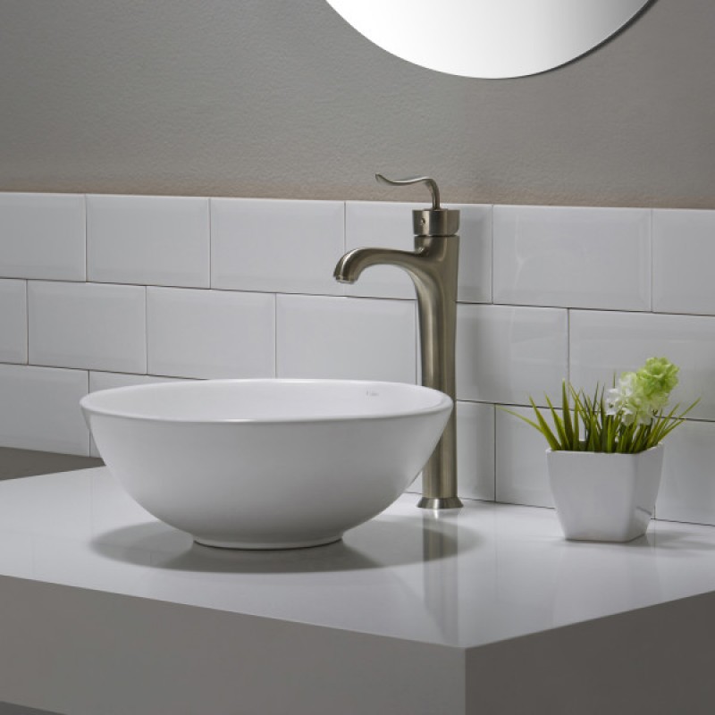 KRAUS Elavo™ Small Round Ceramic Vessel Bathroom Sink in White with Pop-Up Drain in Brushed Nickel